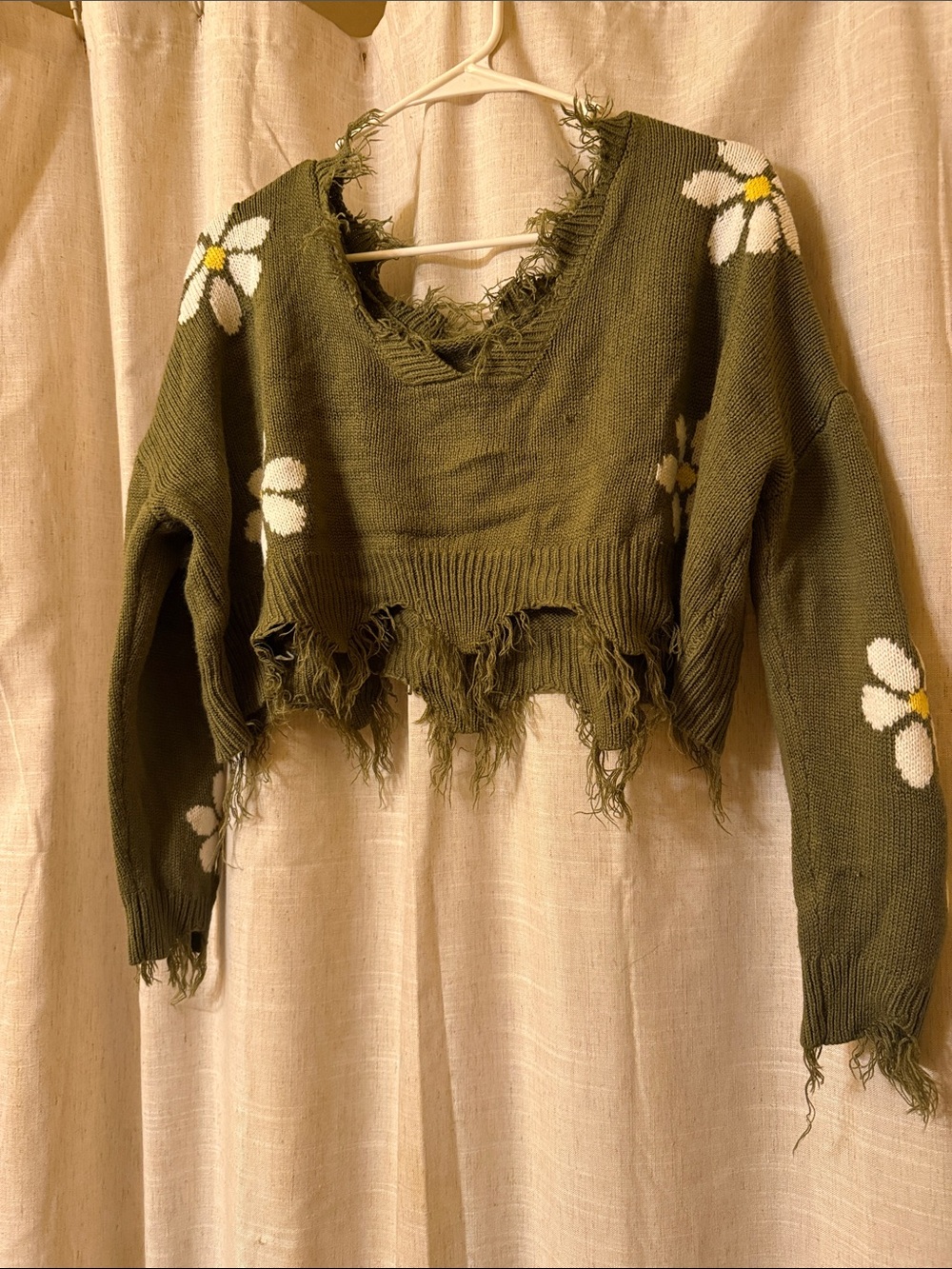 Distressed Olive Green Daisy Cropped Sweater - Women Tops